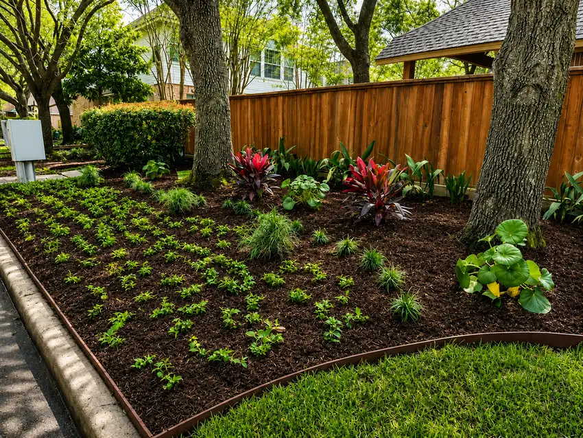 Freshly planted bed along a wood fence line — Landscape Design & Maintenance