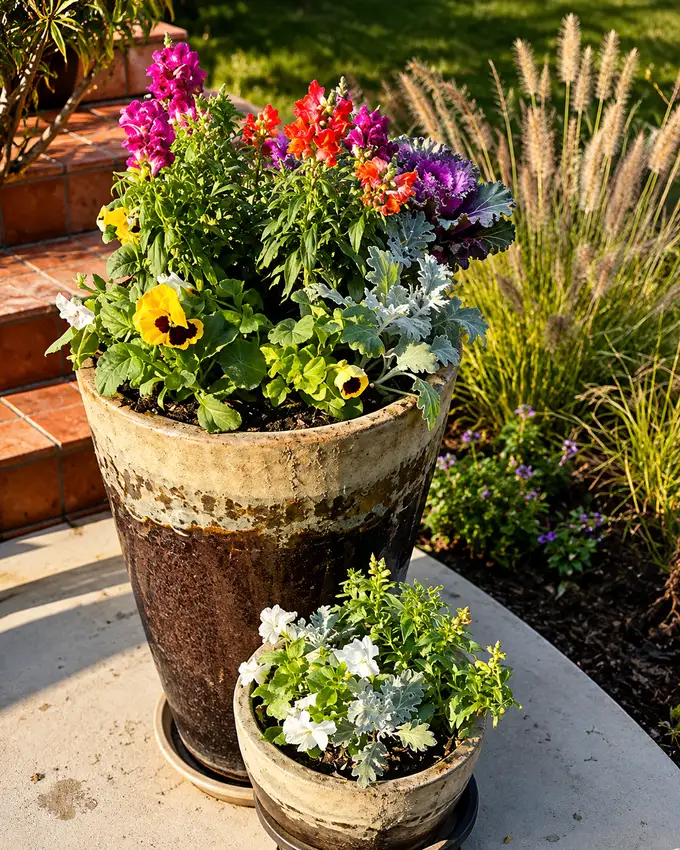 Stone urn planted with pansies and ornamental grasses — Landscape Design & Maintenance
