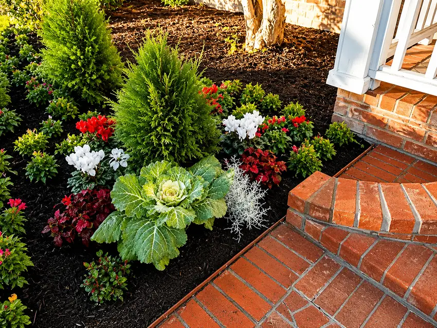Brick walkway bed with conifers and layered seasonal color — Landscape Design & Maintenance