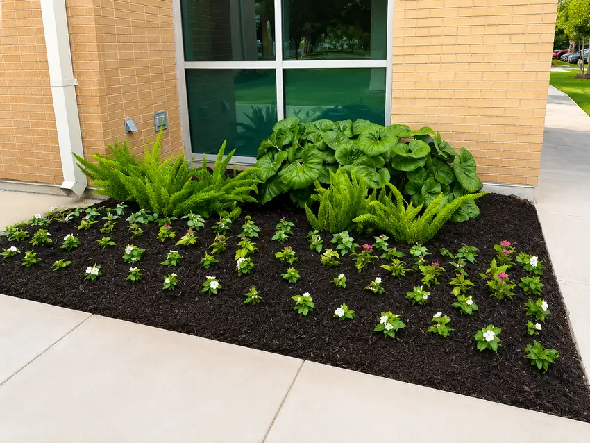 Office foundation bed with tropicals and seasonal color — HOA & Commercial Properties
