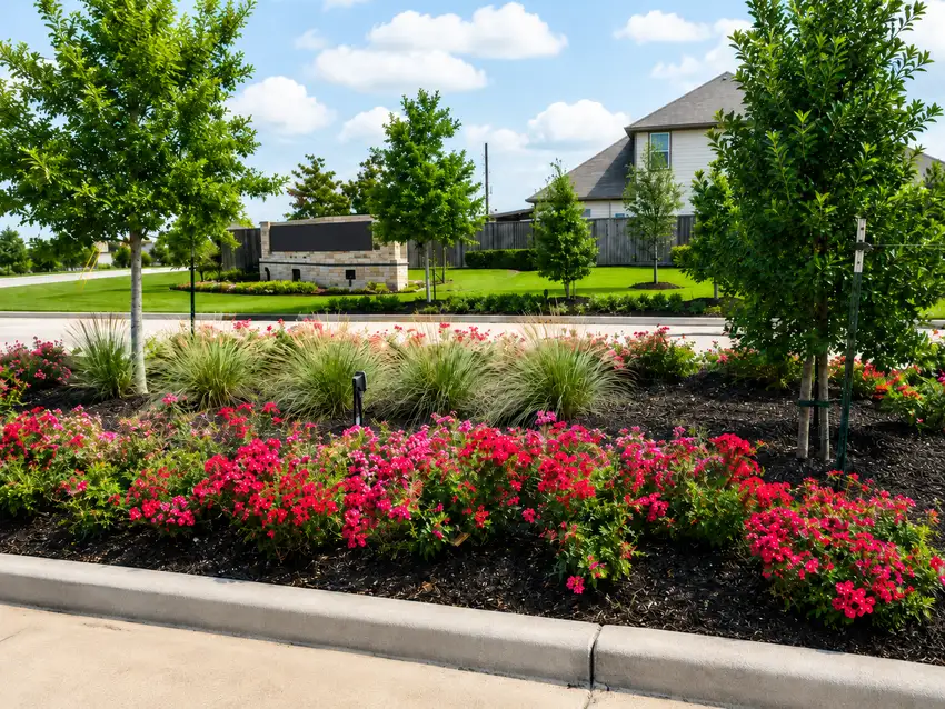 Community sidewalk bed with conifers and clean edging — HOA & Commercial Properties