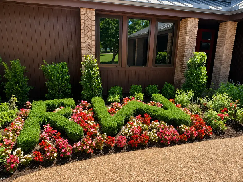 Sculpted hedge lettering in a ranch entrance bed — Ranch Services
