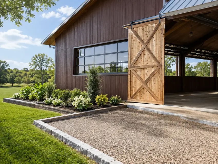 Barn doorway framed by hydrangeas and foundation planting — Ranch Services